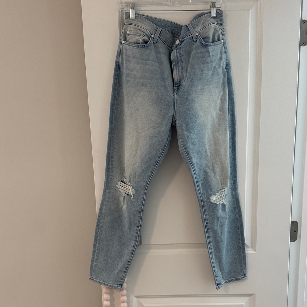 7 For All Mankind Light Blue Distressed Straight Leg Jeans